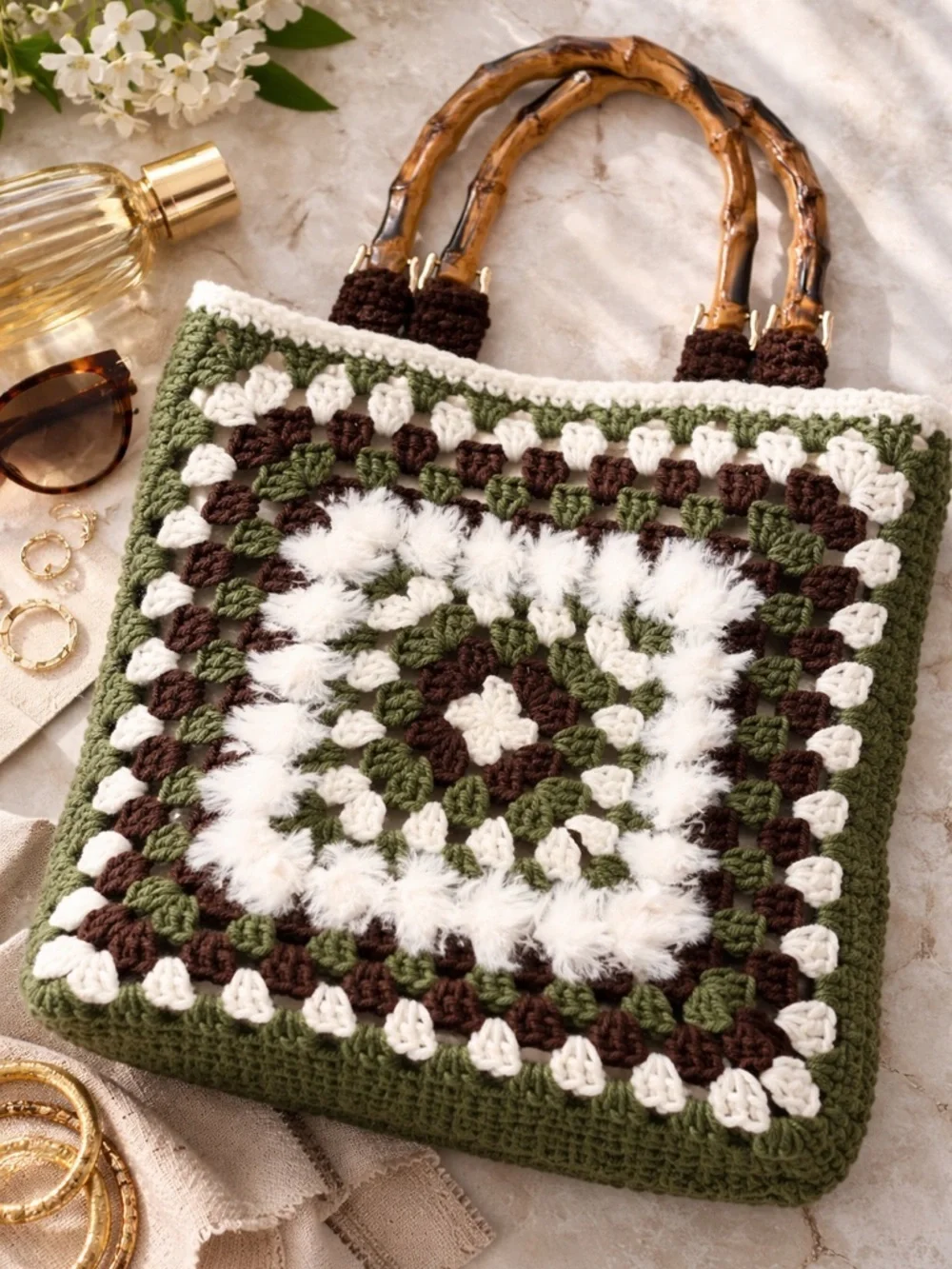 Tote Square Crochet Bamboo Handles Olive Brown Cream Boho Chic Purse